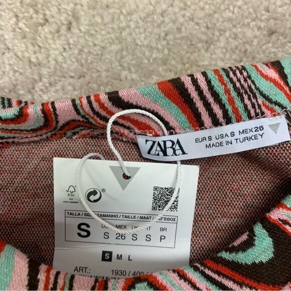 ZARA multicoloured jacquard long sleeve round neck mini dress Sz S NWT - Picture 5 of 9